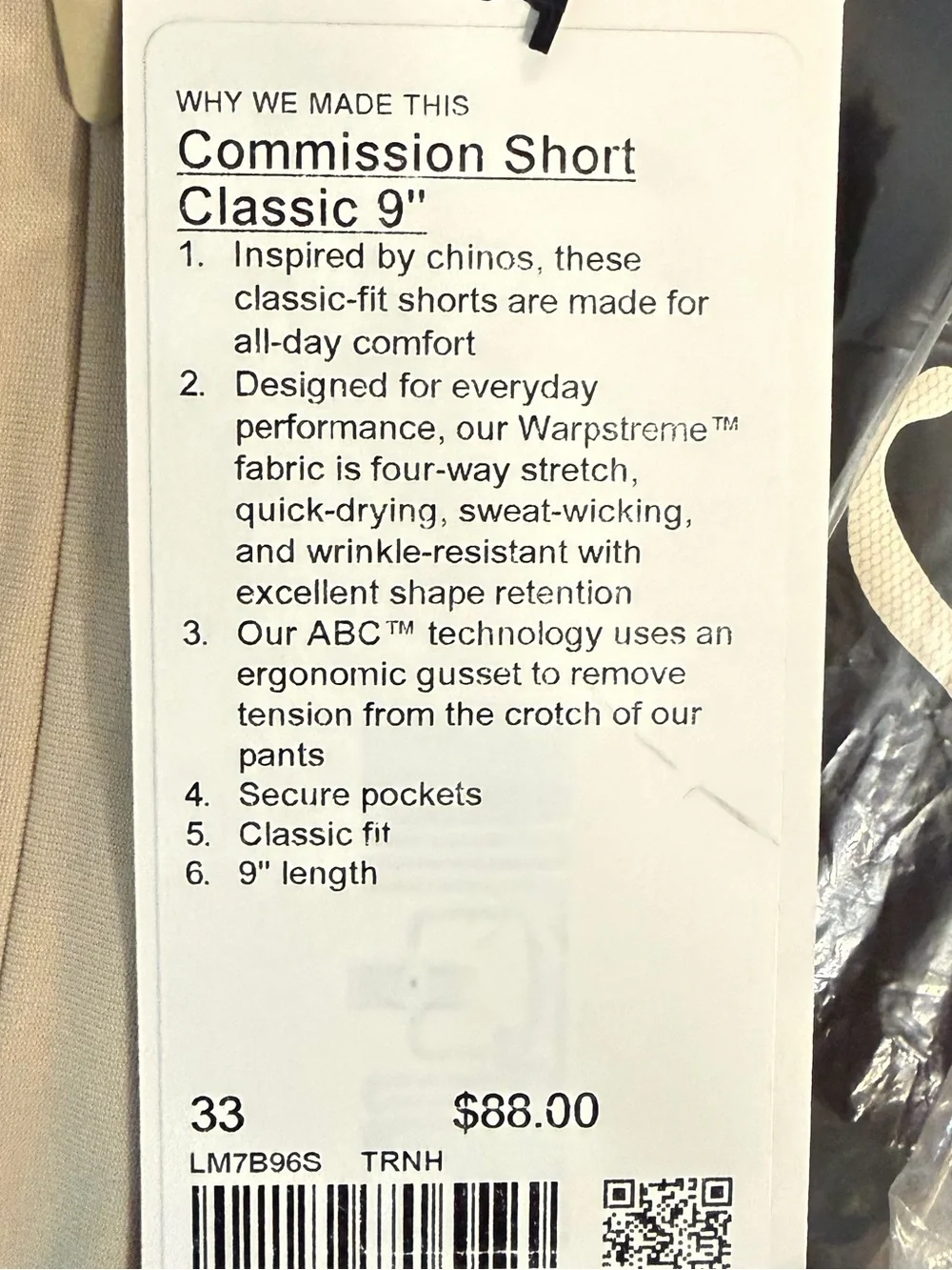 Lululemon Commission Classic Fit Short 9” Warpstreme Trench 33 NWT Golf Chino